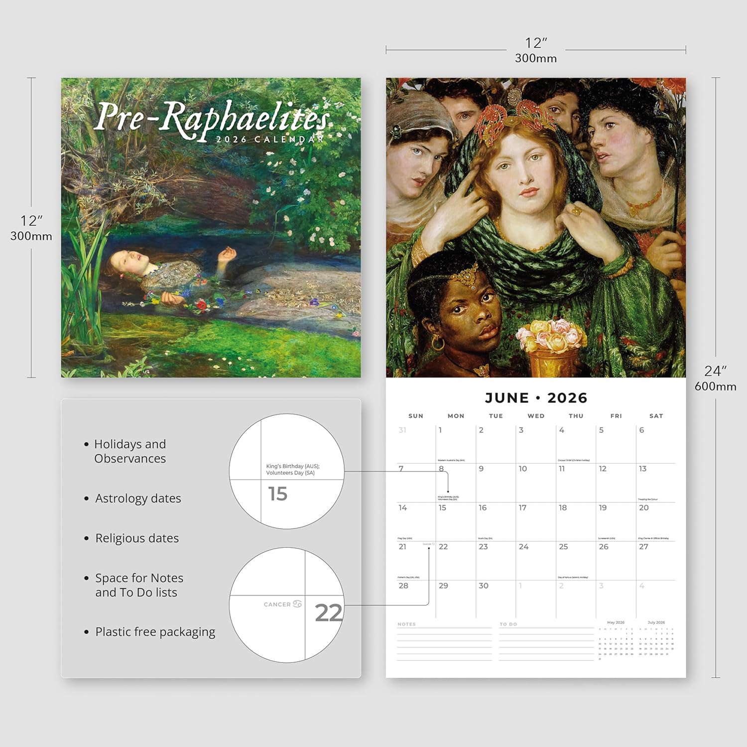 Red Robin 2026 Pre-Raphaelites Monthly Wall Calendar | 12" x 24" Open | Premium Thick & Sturdy Paper | Hangable 12 Month Calendar | Lined Notes & To Do Area | Vivid Images | Plastic Free