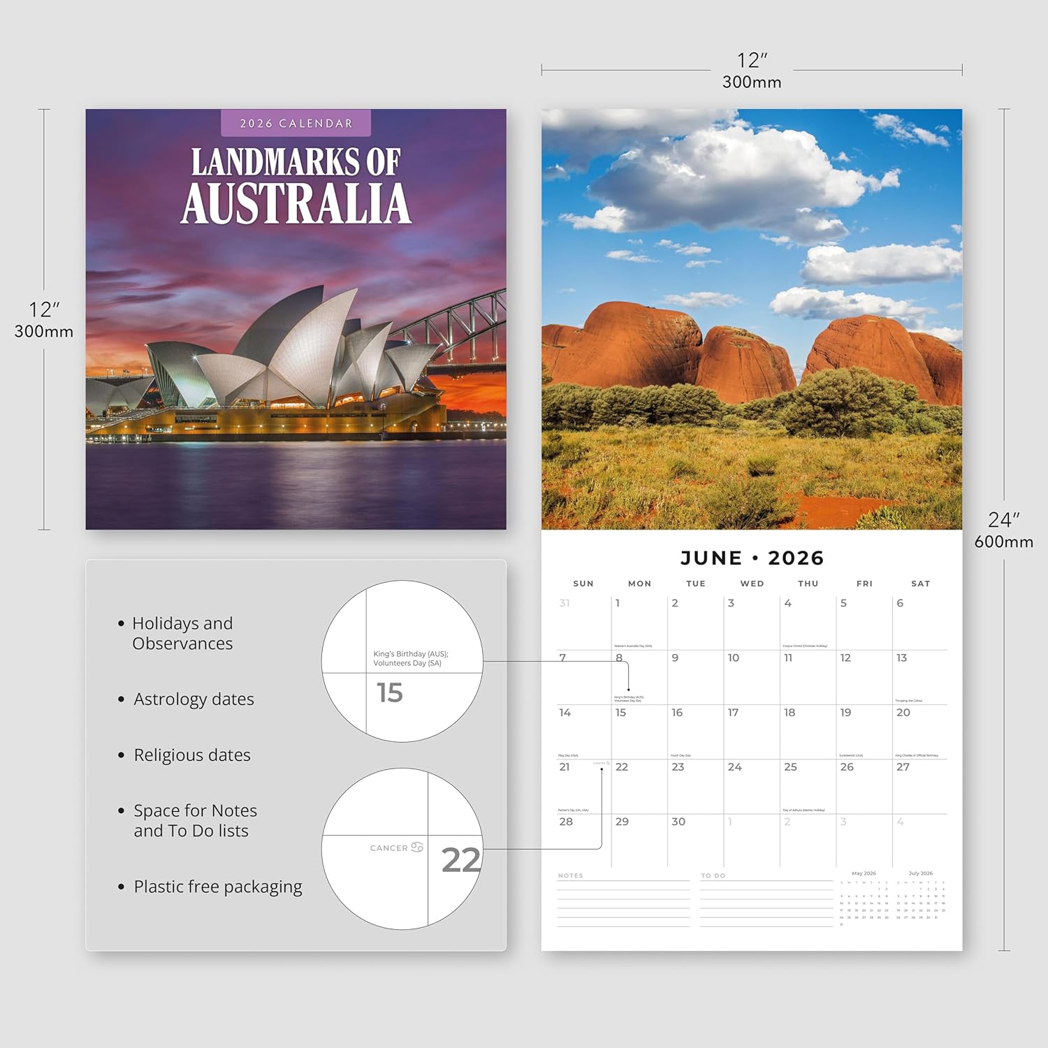 Red Robin 2026 Landmarks of Australia Monthly Wall Calendar | 12" x 24" Open | Premium Thick & Sturdy Paper | Hangable 12 Month Calendar | Lined Notes & To Do Area | Vivid Images | Plastic Free