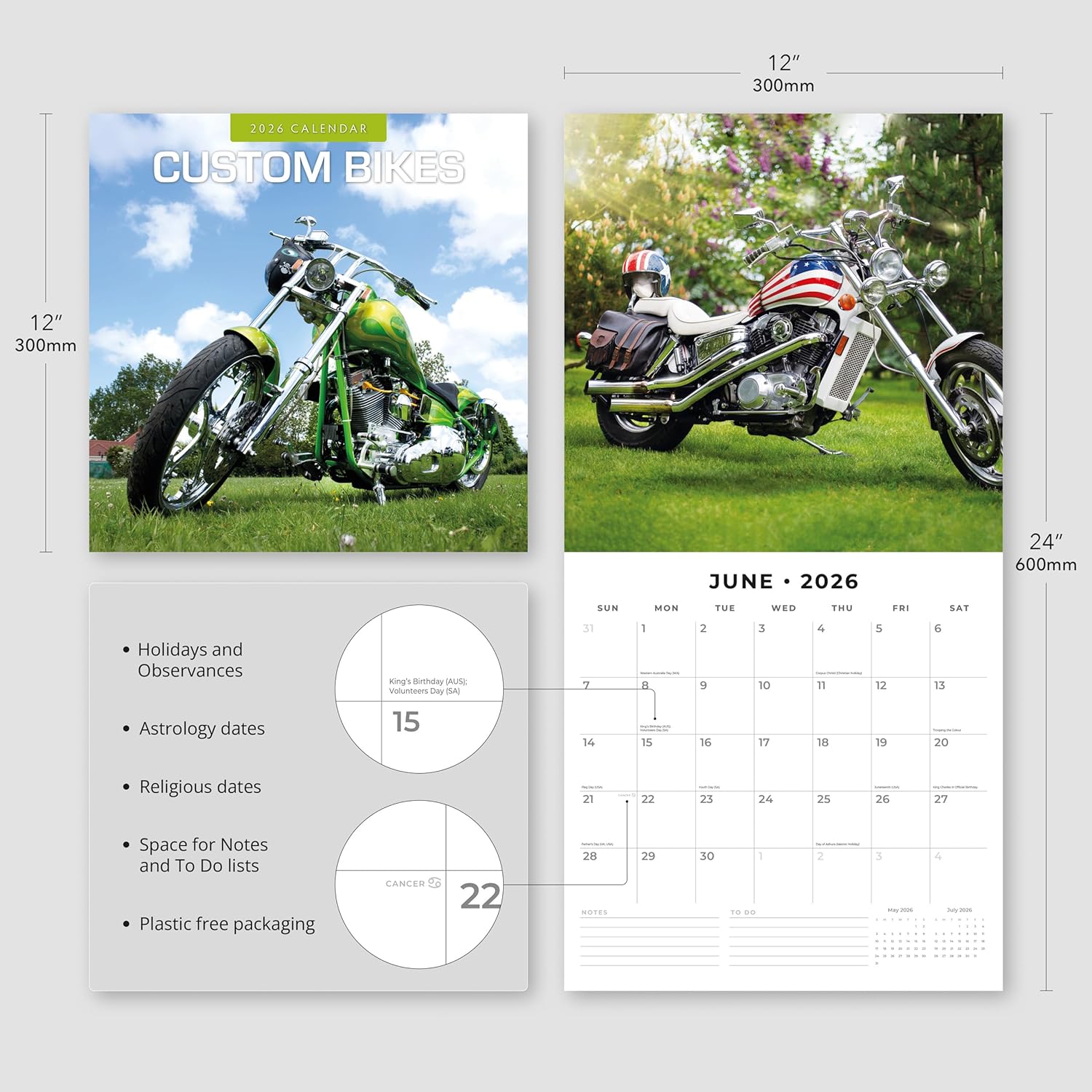 Red Robin 2026 Custom Bikes Monthly Wall Calendar | 12" x 24" Open | Premium Thick & Sturdy Paper | Hangable 12 Month Calendar | Lined Notes & To Do Area | Vivid Images | Plastic Free