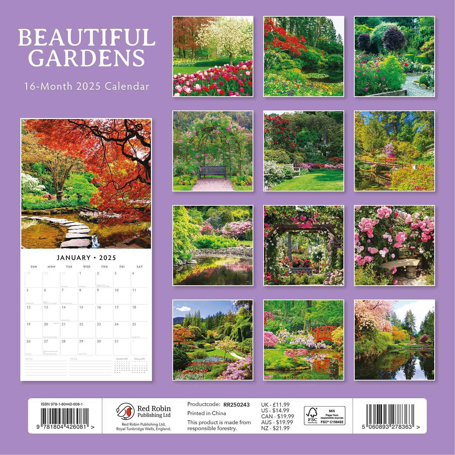 Red Robin 2025 Beautiful Gardens Monthly Wall Calendar | 12" x 24" Open | Premium Thick & Sturdy Paper | Hangable 12 Month Calendar | Plastic Free | 4 Month Transition Page for 2024