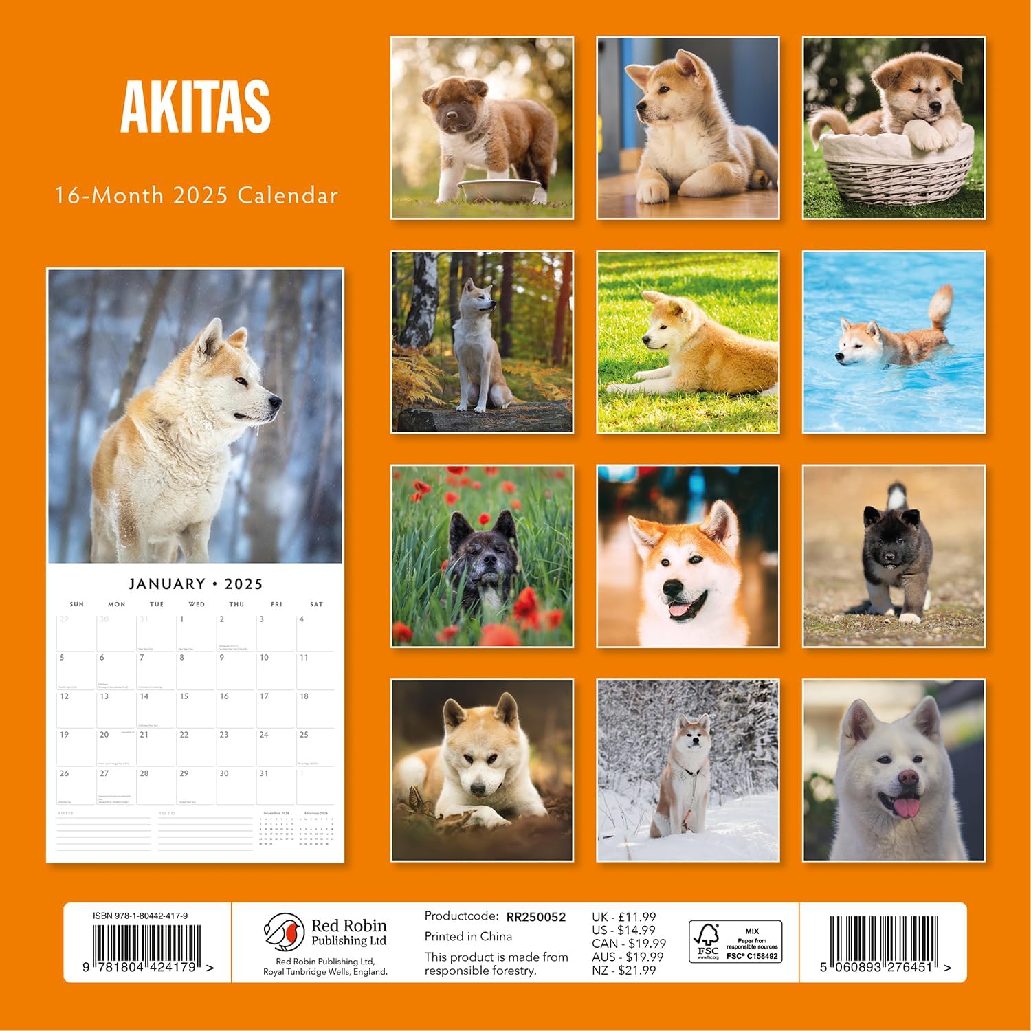 Red Robin 2025 Akitas Monthly Wall Calendar | 12" x 24" Open | Premium Thick & Sturdy Paper | Hangable 12 Month Calendar | Plastic Free | 4 Month Transition Page for 2024