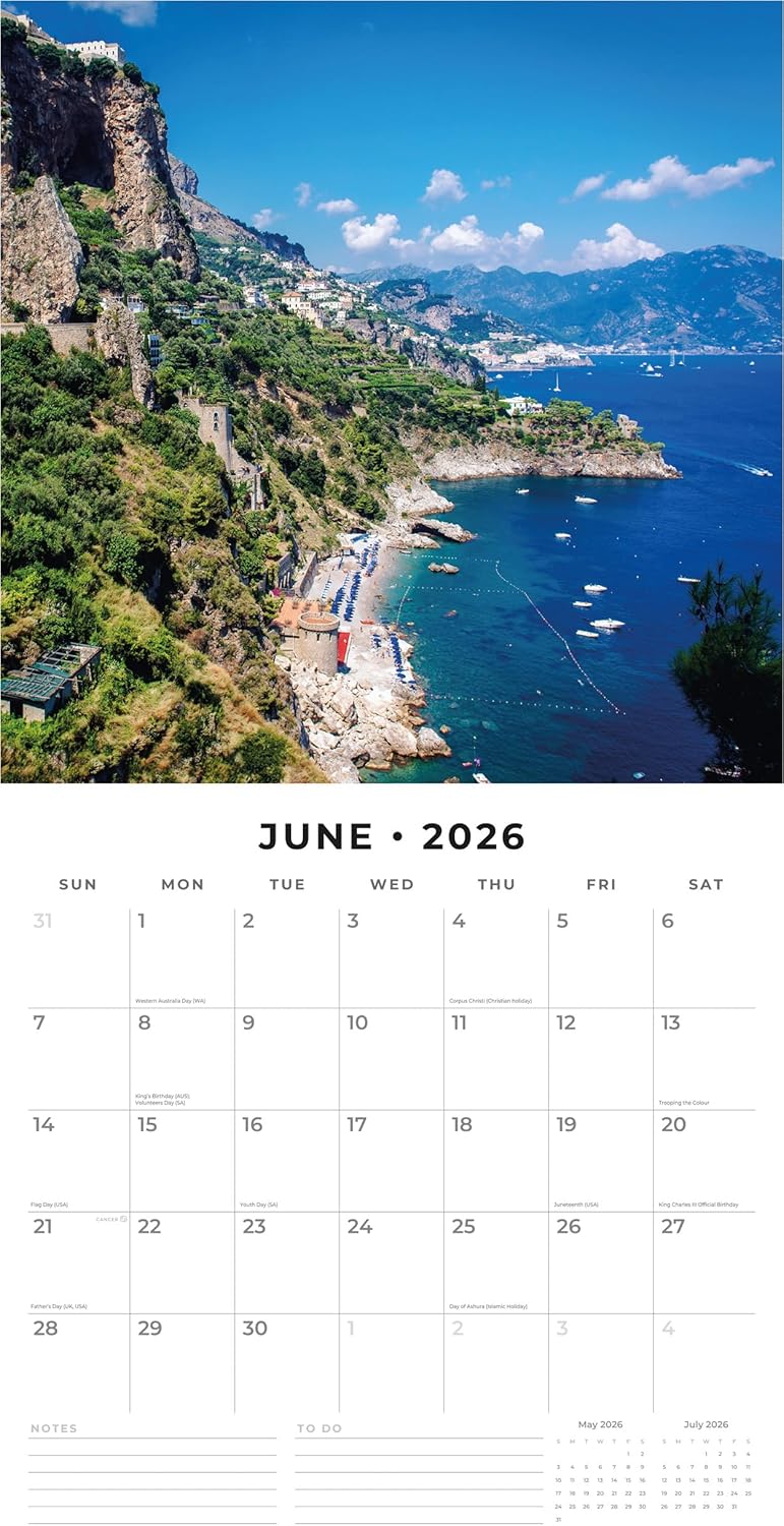Red Robin 2026 Mediterranean Monthly Wall Calendar | 12" x 24" Open | Premium Thick & Sturdy Paper | Hangable 12 Month Calendar | Lined Notes & To Do Area | Vivid Images | Plastic Free