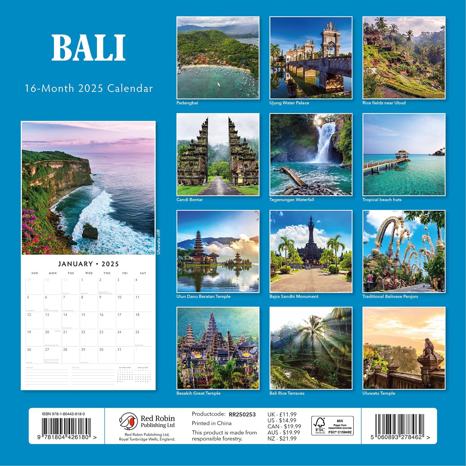 Red Robin 2025 Bali Monthly Wall Calendar | 12" x 24" Open | Premium Thick & Sturdy Paper | Hangable 12 Month Calendar | Plastic Free | 4 Month Transition Page for 2024