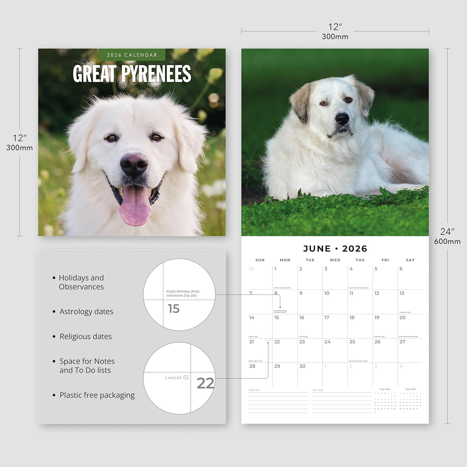 Red Robin 2026 Great Pyrenees Monthly Wall Calendar | 12" x 24" Open | Premium Thick & Sturdy Paper | Hangable 12 Month Calendar | Lined Notes & To Do Area | Vivid Images | Plastic Free