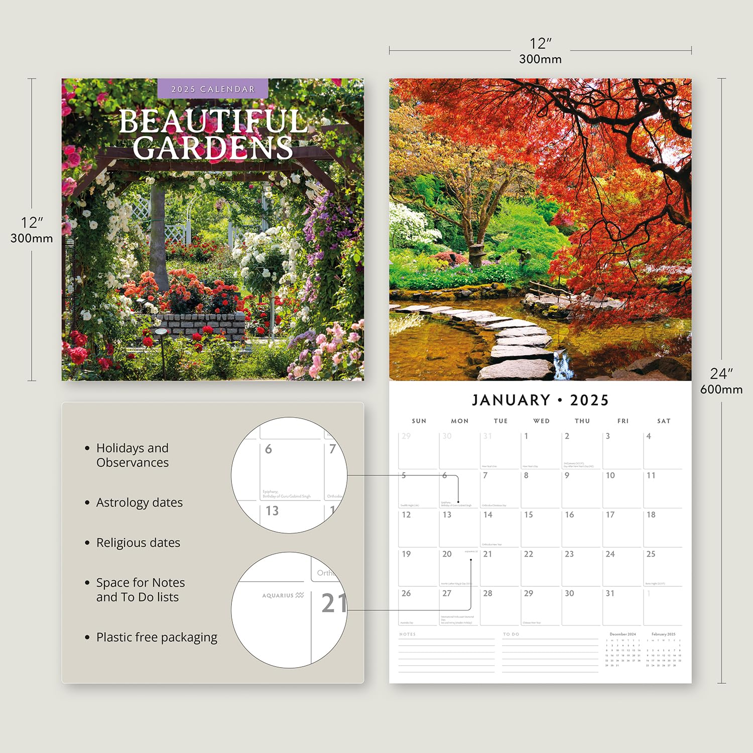 Red Robin 2025 Beautiful Gardens Monthly Wall Calendar | 12" x 24" Open | Premium Thick & Sturdy Paper | Hangable 12 Month Calendar | Plastic Free | 4 Month Transition Page for 2024