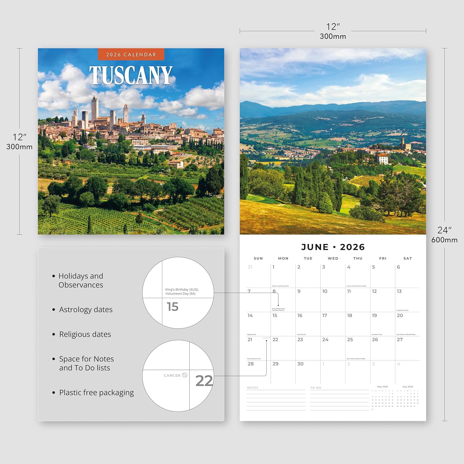 Red Robin 2026 Tuscany Monthly Wall Calendar | 12" x 24" Open | Premium Thick & Sturdy Paper | Hangable 12 Month Calendar | Lined Notes & To Do Area | Vivid Images | Plastic Free