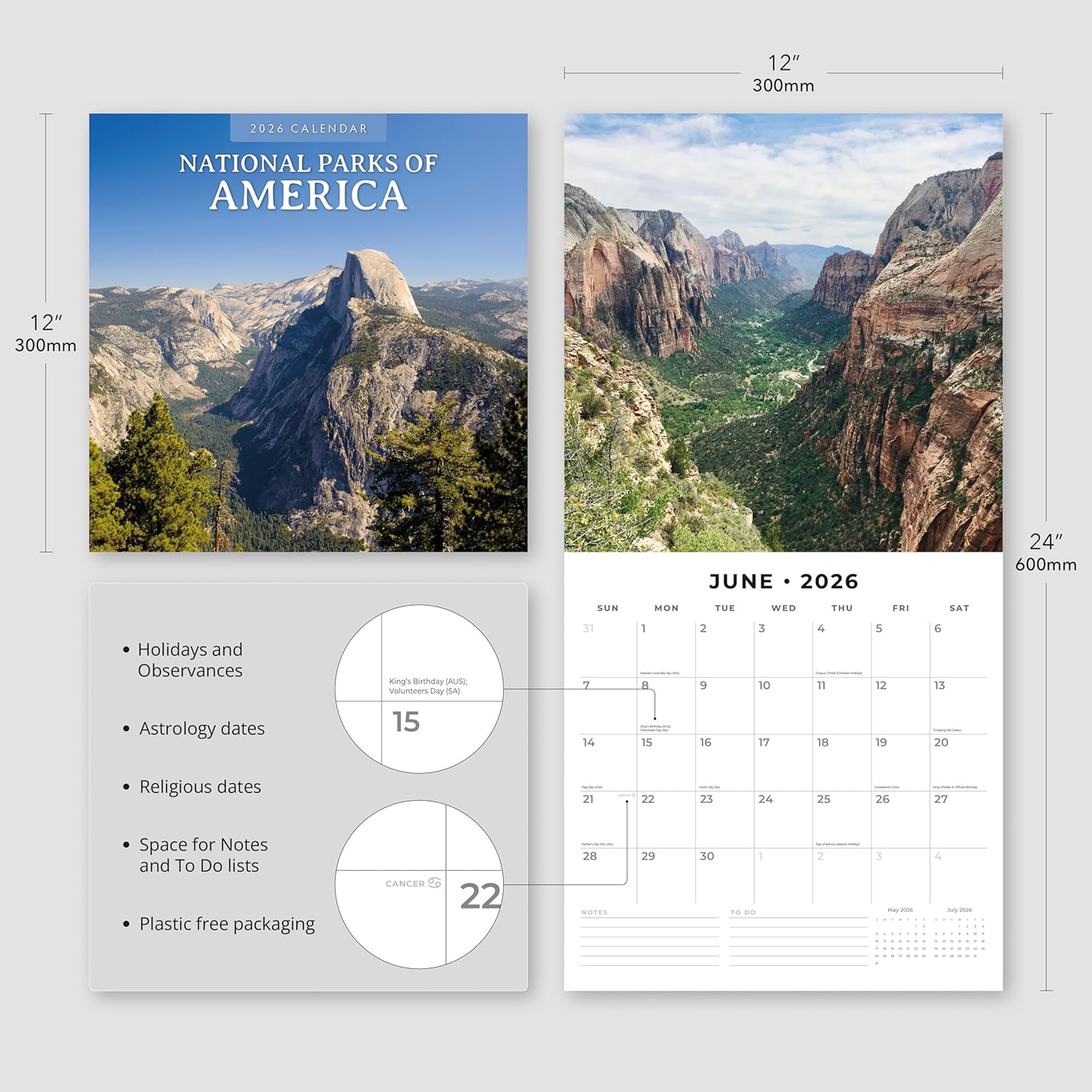 Red Robin 2026 National Parks of America Monthly Wall Calendar | 12" x 24" Open | Premium Thick & Sturdy Paper | Hangable 12 Month Calendar | Lined Notes & To Do Area | Vivid Images | Plastic Free