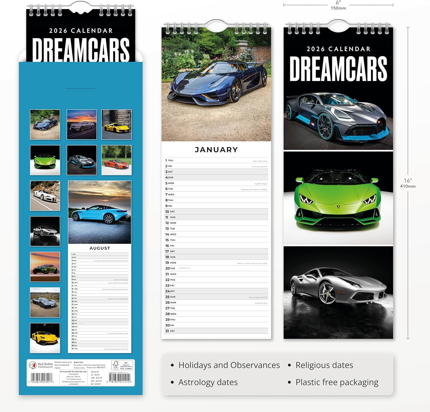 Red Robin 2026 Dream Cars Monthly Slim Calendar | 6" x 16" Open | Premium Thick & Sturdy Paper | Tall Hangable 12 Month Calendar | Vivid Images | Plastic Free | Wire Spiral