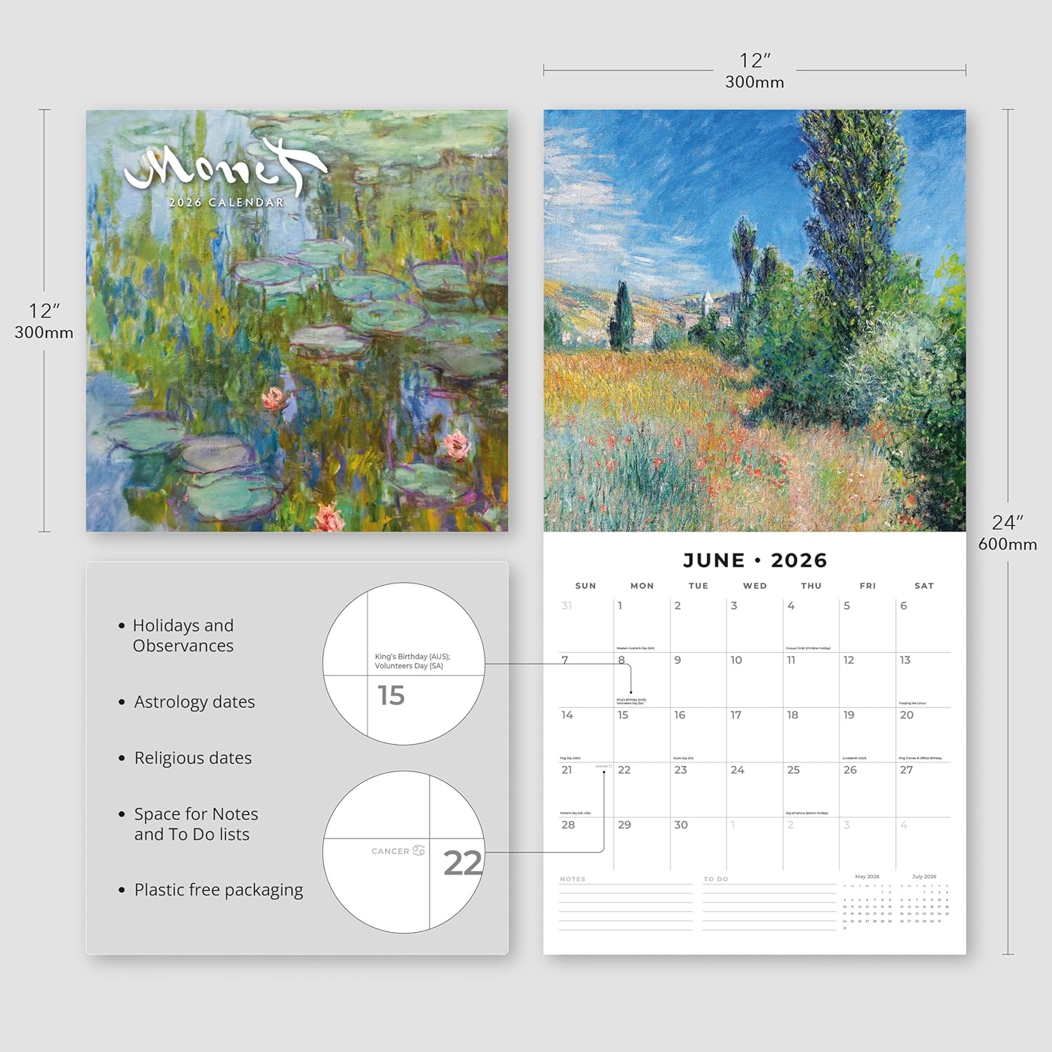 Red Robin 2026 Monet Monthly Wall Calendar | 12" x 24" Open | Premium Thick & Sturdy Paper | Hangable 12 Month Calendar | Lined Notes & To Do Area | Vivid Images | Plastic Free