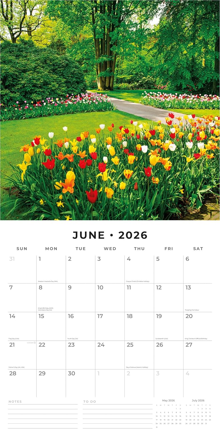 Red Robin 2026 Tranquil Gardens Monthly Wall Calendar | 12" x 24" Open | Premium Thick & Sturdy Paper | Hangable 12 Month Calendar | Lined Notes & To Do Area | Vivid Images | Plastic Free