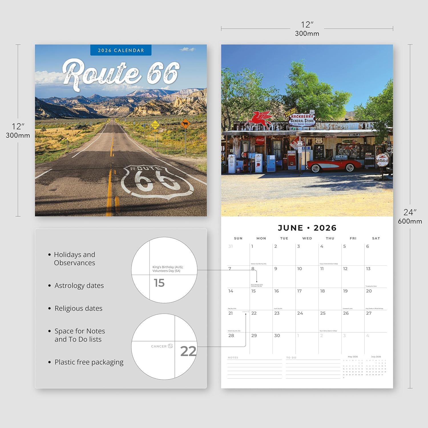 Red Robin 2026 Route 66 Monthly Wall Calendar | 12" x 24" Open | Premium Thick & Sturdy Paper | Hangable 12 Month Calendar | Lined Notes & To Do Area | Vivid Images | Plastic Free