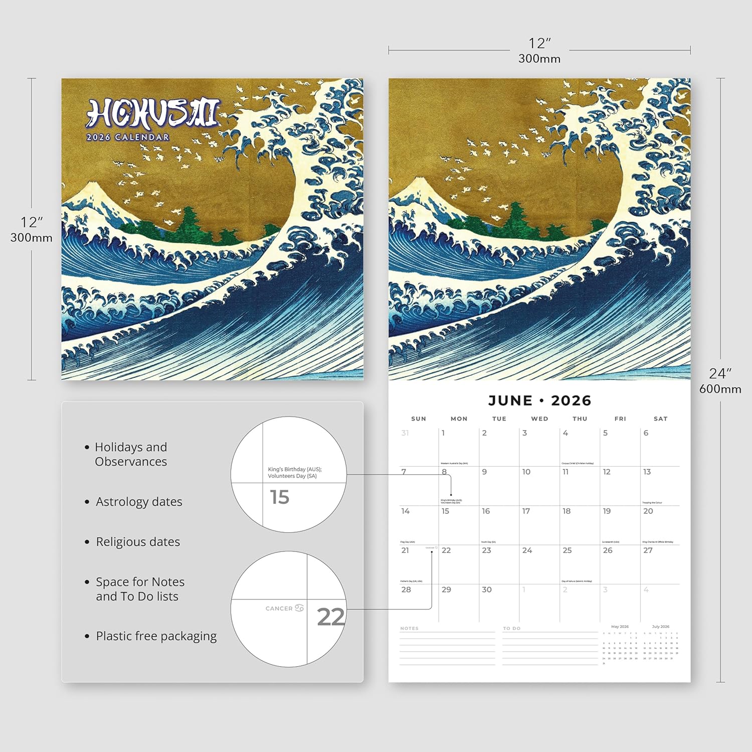 Red Robin 2026 Hokusai Monthly Wall Calendar | 12" x 24" Open | Premium Thick & Sturdy Paper | Hangable 12 Month Calendar | Lined Notes & To Do Area | Vivid Images | Plastic Free