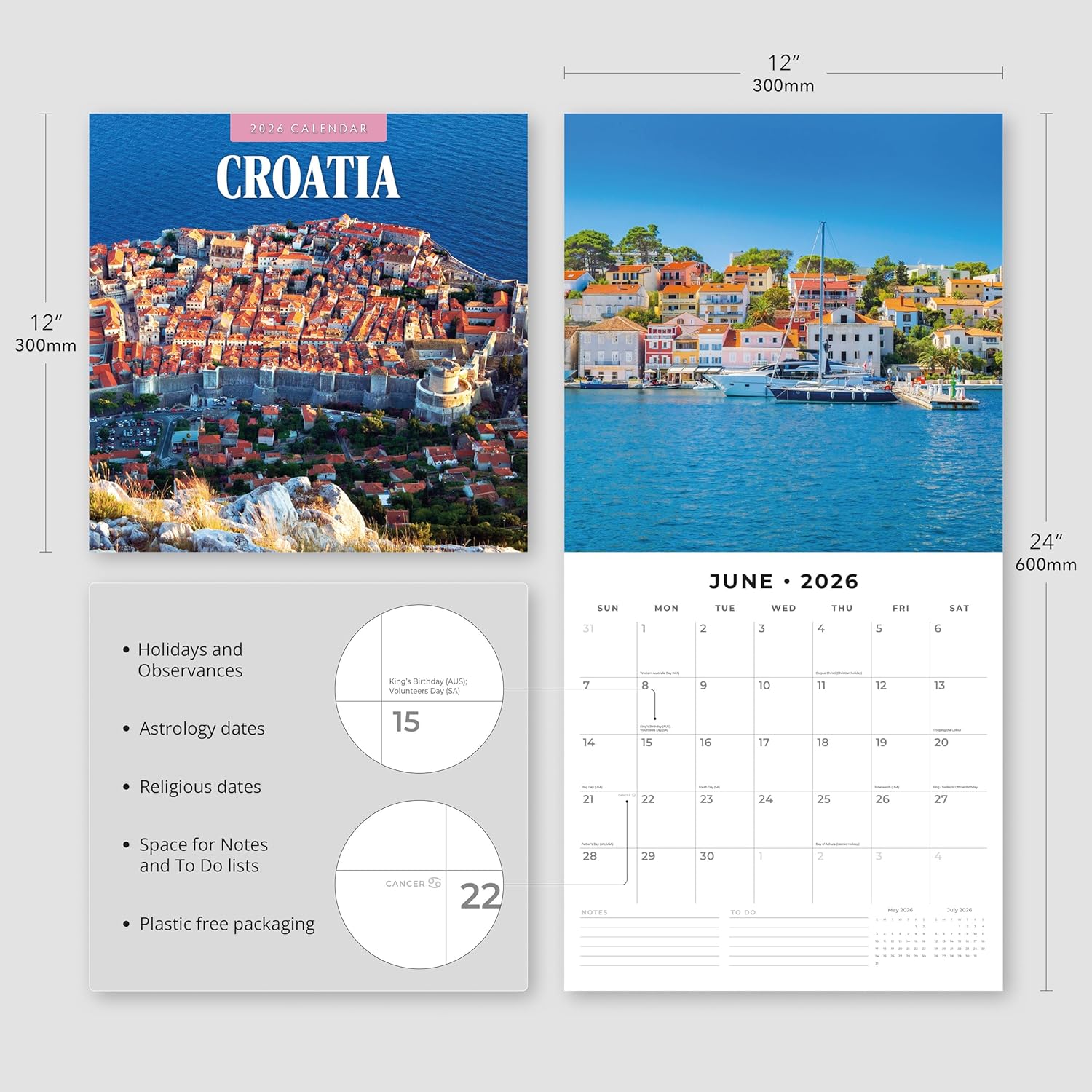 Red Robin 2026 Croatia Monthly Wall Calendar | 12" x 24" Open | Premium Thick & Sturdy Paper | Hangable 12 Month Calendar | Lined Notes & To Do Area | Vivid Images | Plastic Free