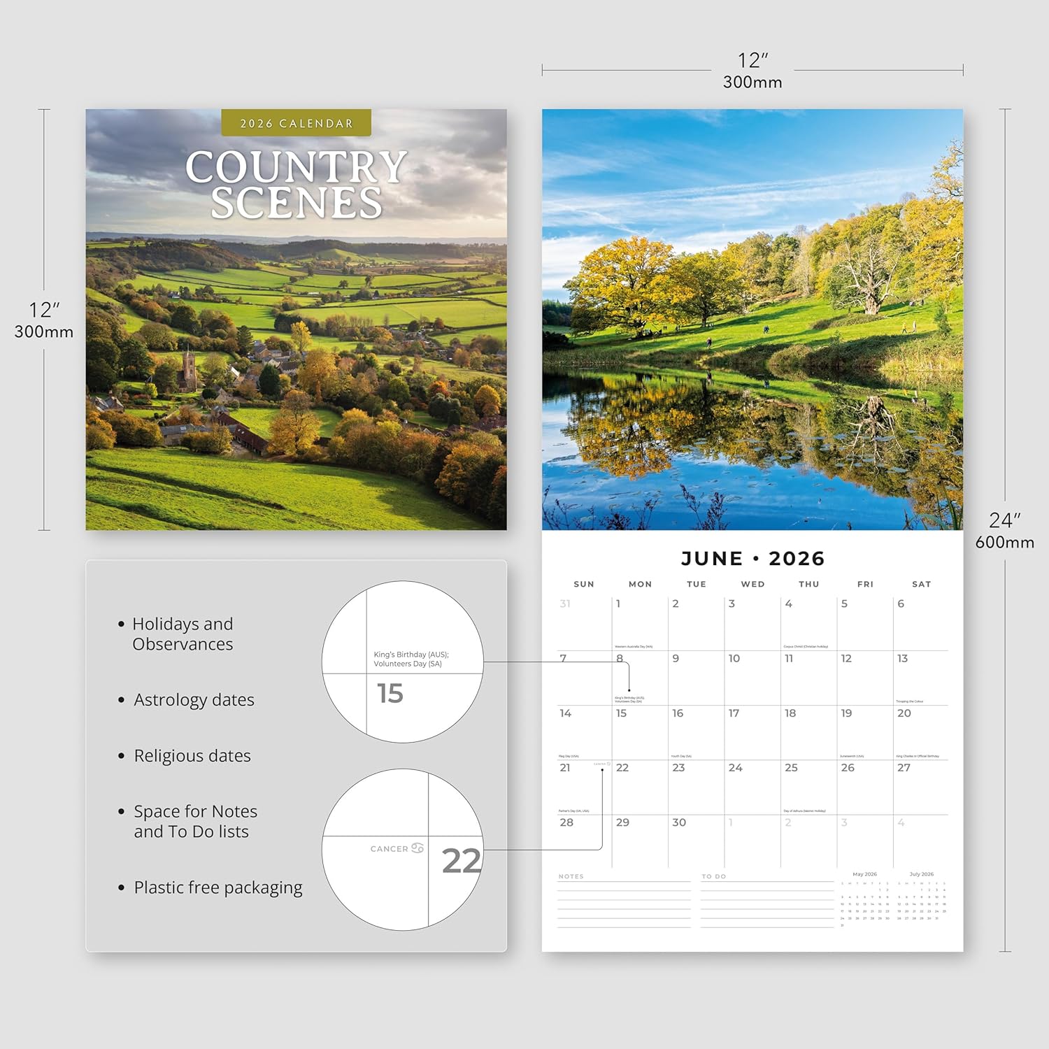 Red Robin 2026 Country Scenes Monthly Wall Calendar | 12" x 24" Open | Premium Thick & Sturdy Paper | Hangable 12 Month Calendar | Lined Notes & To Do Area | Vivid Images | Plastic Free