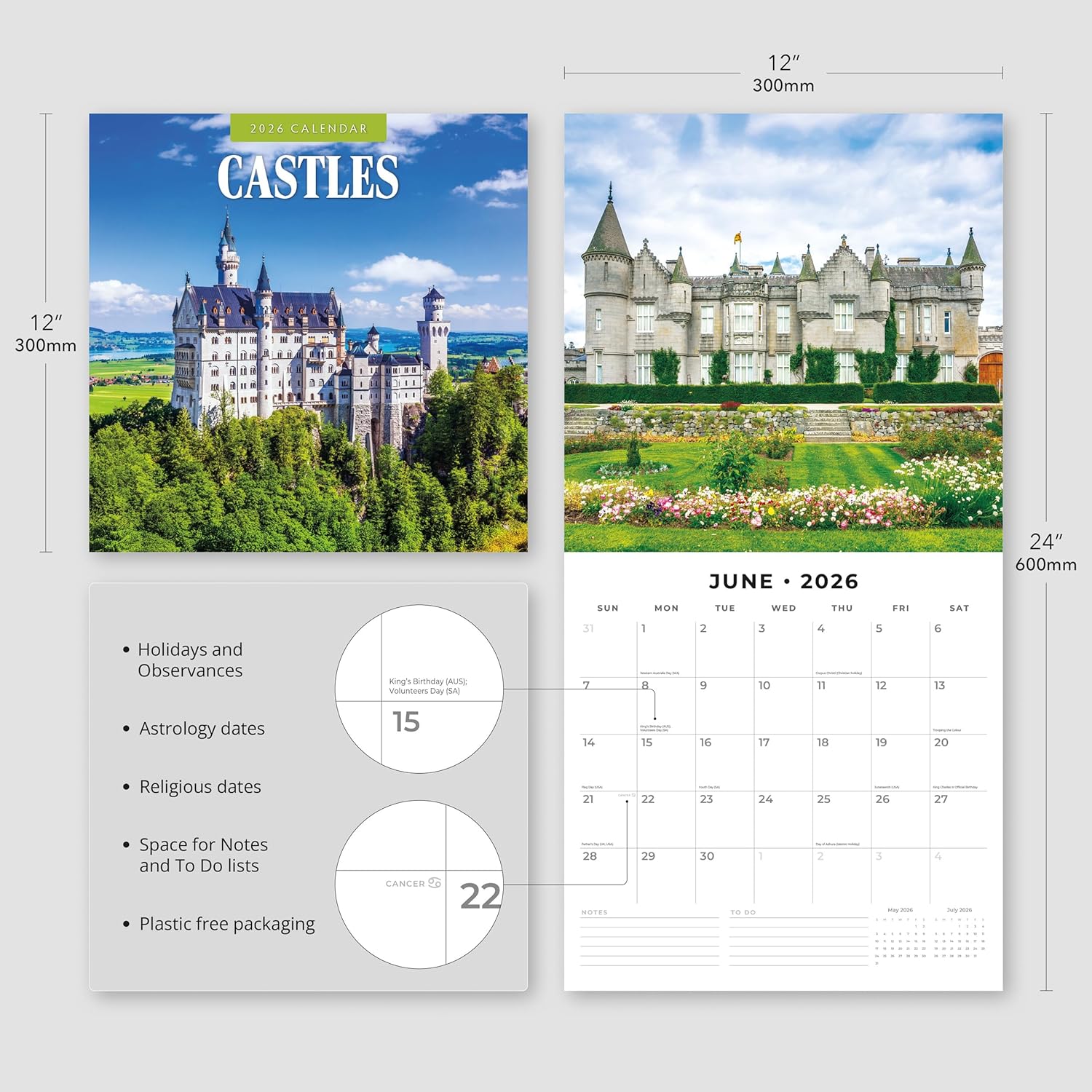 Red Robin 2026 Castles Monthly Wall Calendar | 12" x 24" Open | Premium Thick & Sturdy Paper | Hangable 12 Month Calendar | Lined Notes & To Do Area | Vivid Images | Plastic Free