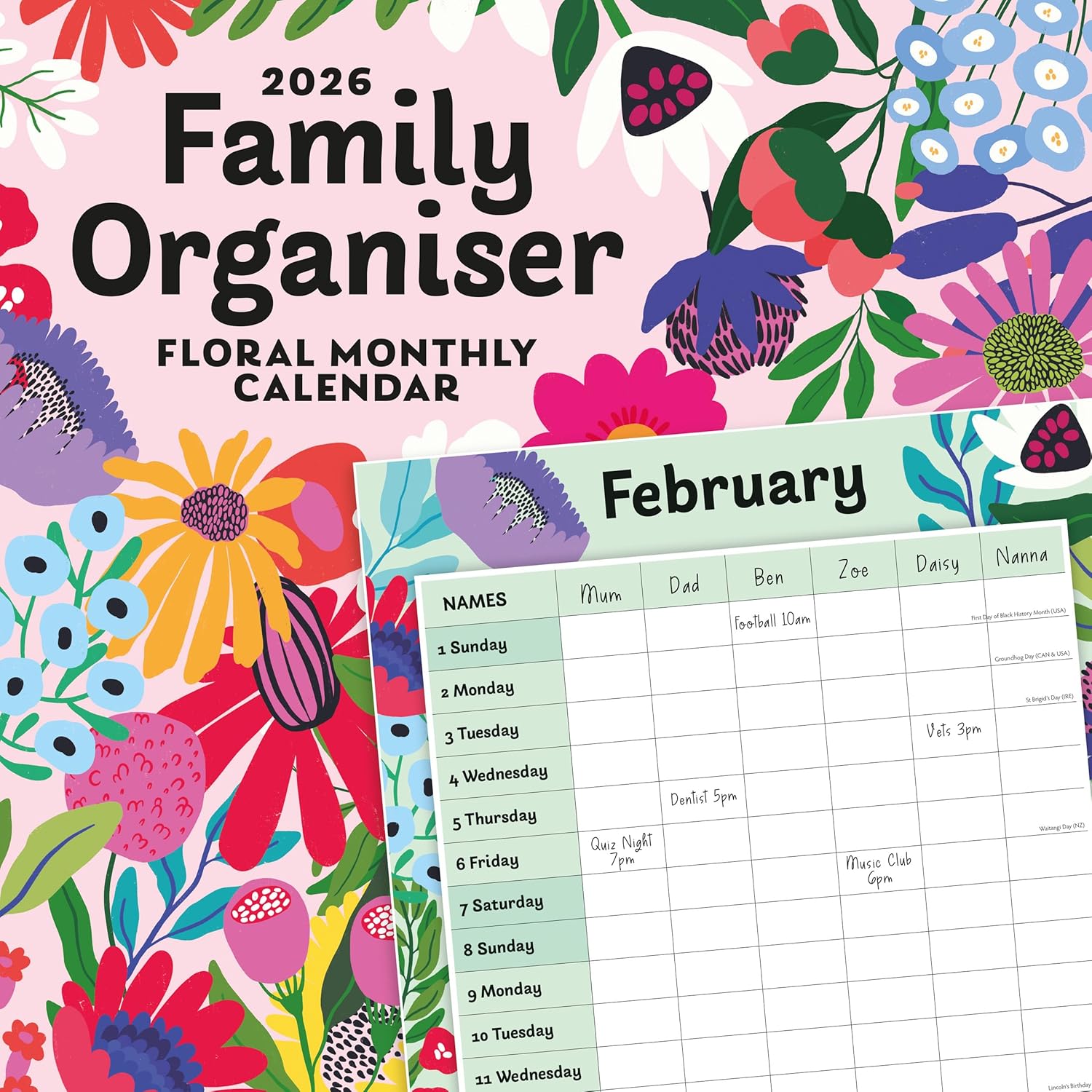 Red Robin 2026 Floral Family Organiser Monthly Wall Calendar | 12" x 24" Open | Premium Thick & Sturdy Paper | Hangable 12 Month Calendar | Lined Notes & To Do Area | Vivid Images | Plastic Free