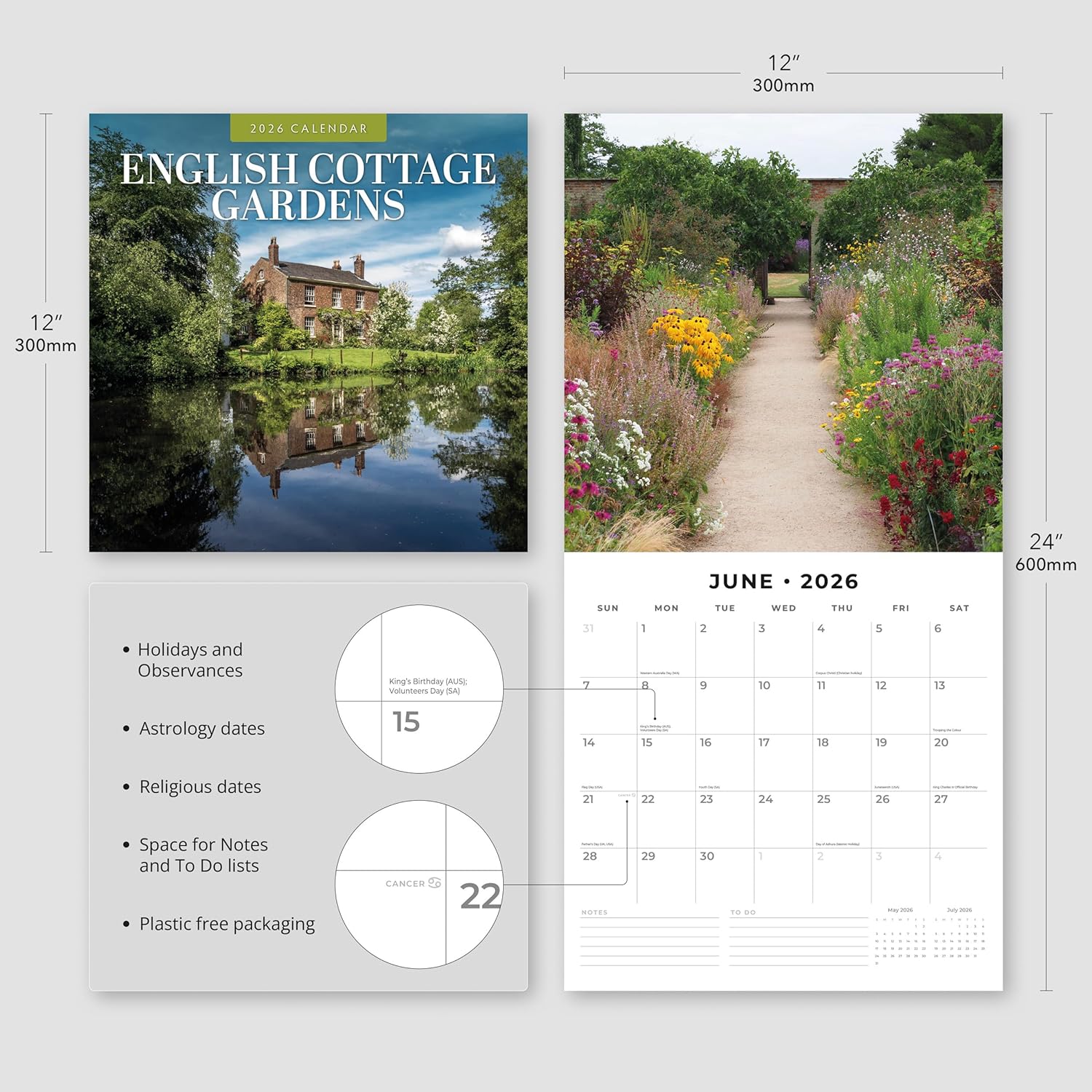 Red Robin 2026 English Cottage Gardens Monthly Wall Calendar | 12" x 24" Open | Premium Thick & Sturdy Paper | Hangable 12 Month Calendar | Lined Notes & To Do Area | Vivid Images | Plastic Free