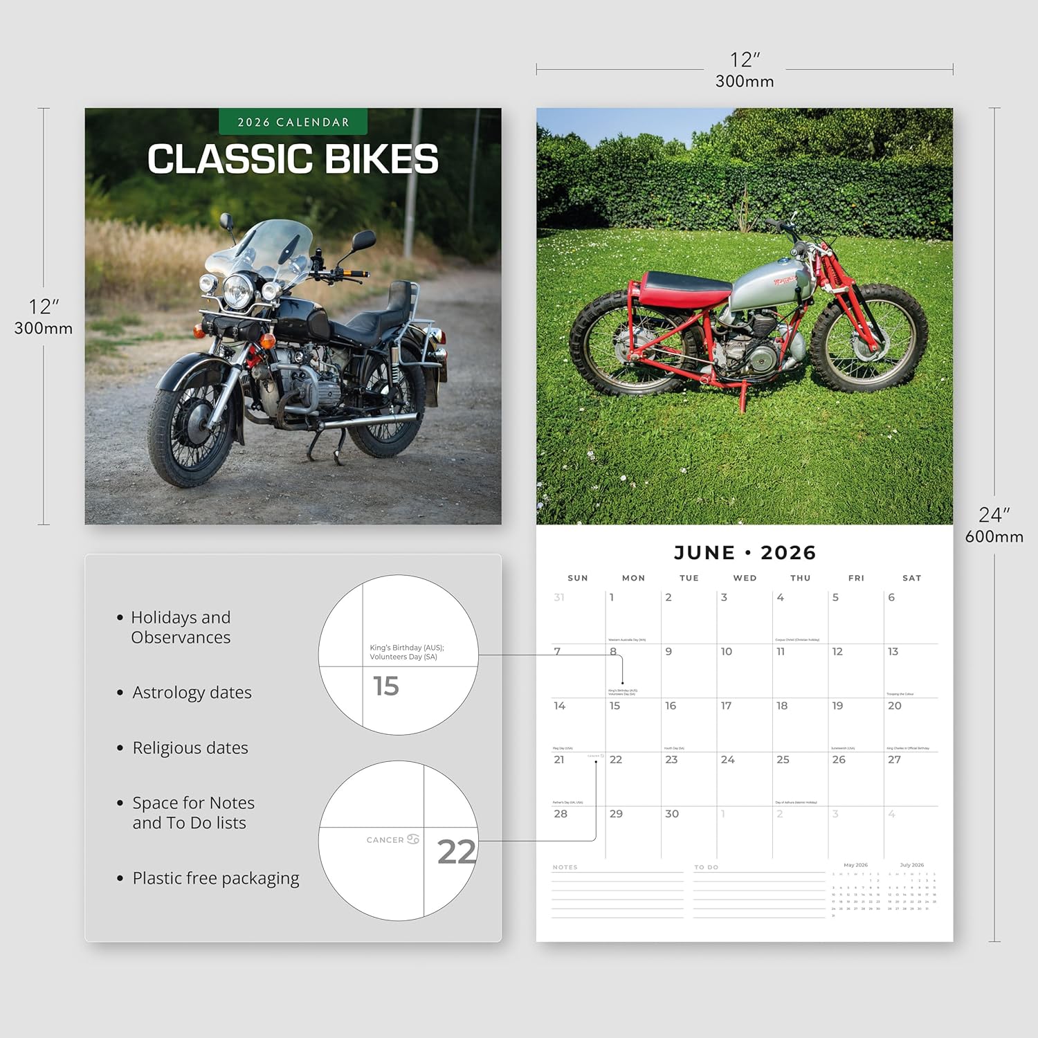 Red Robin 2026 Classic Bikes Monthly Wall Calendar | 12" x 24" Open | Premium Thick & Sturdy Paper | Hangable 12 Month Calendar | Lined Notes & To Do Area | Vivid Images | Plastic Free