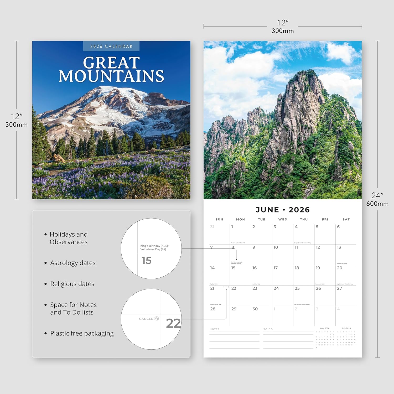 Red Robin 2026 Great Mountains Monthly Wall Calendar | 12" x 24" Open | Premium Thick & Sturdy Paper | Hangable 12 Month Calendar | Lined Notes & To Do Area | Vivid Images | Plastic Free